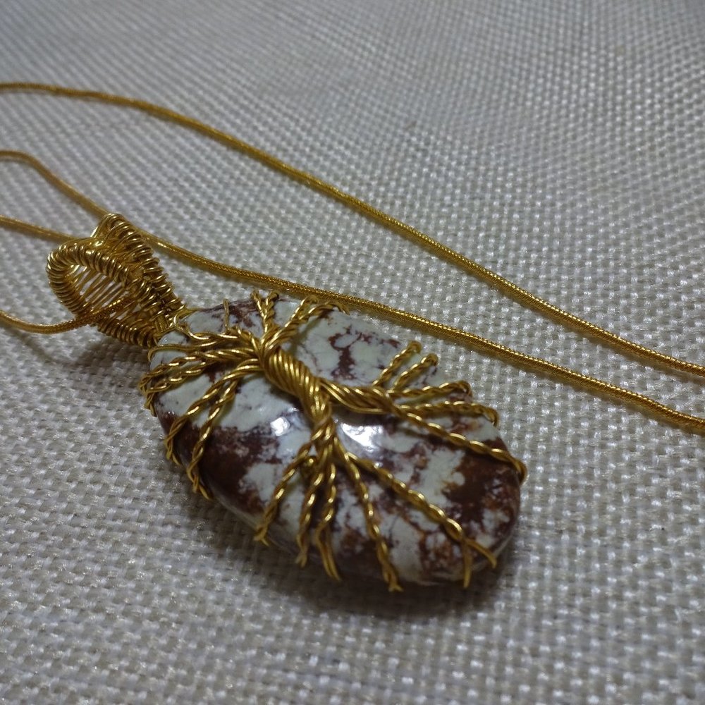 Beautiful "WILD HORSE JASPER" Handmade GOLD WIRE-WRAPPED Pendant/Chain #629B
